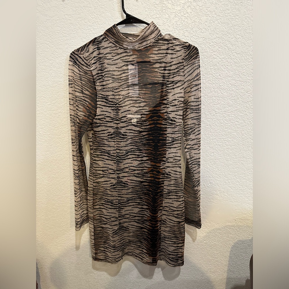 Topshop Beige and Black Zebra Print Sheer Long Sleeve Dress